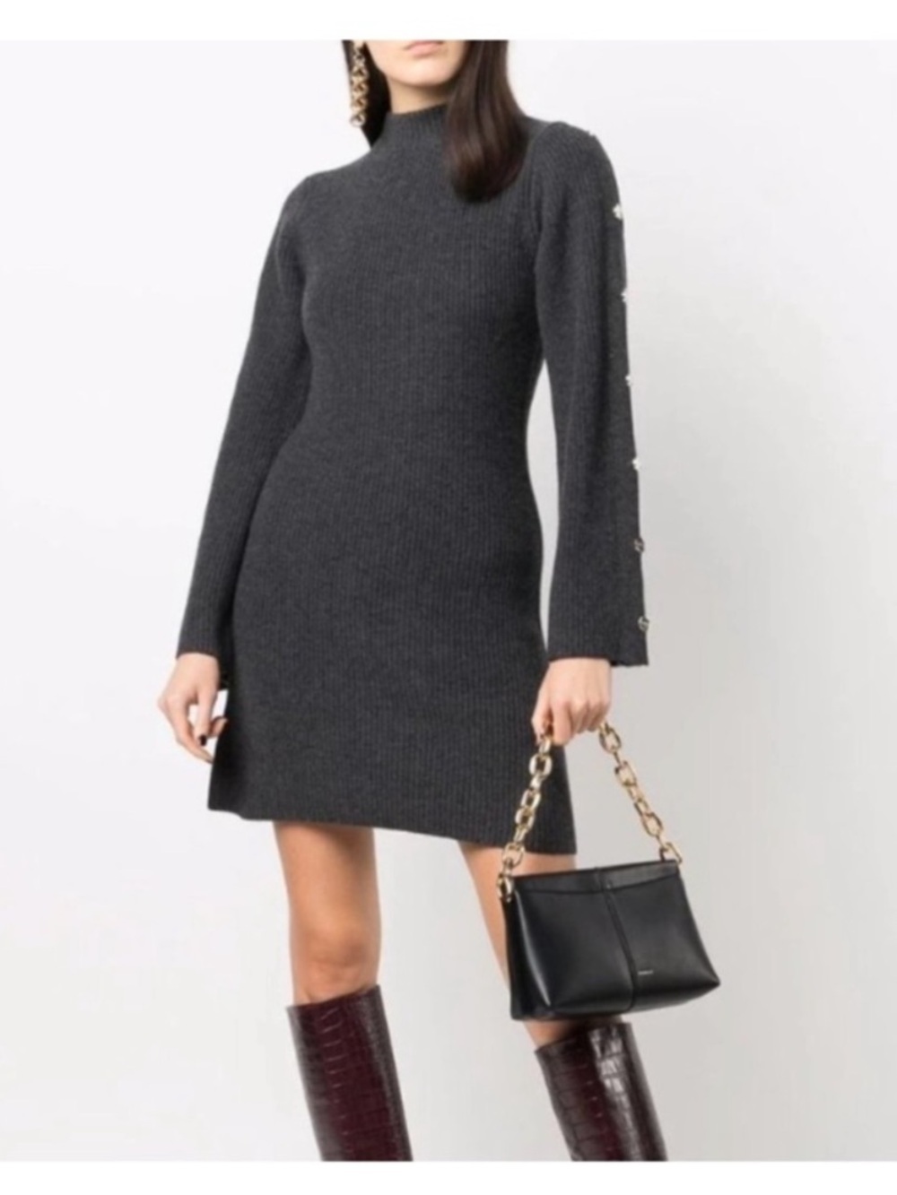 Sandro Wool and Cashmere Charcoal Button-Sleeve Sweater Dress
